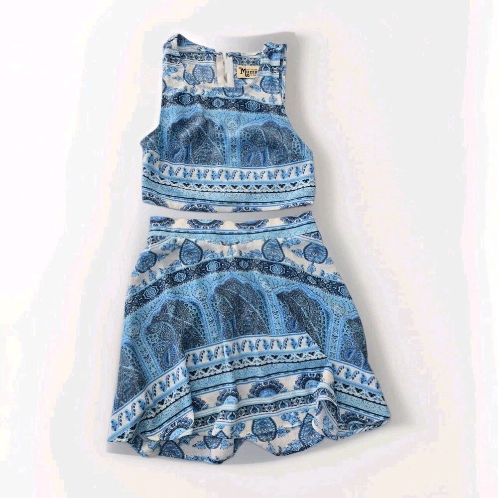 Show Me Your Mumu Camille Circle Crop Top Skirt Set Blue Paisley XS/S Boho